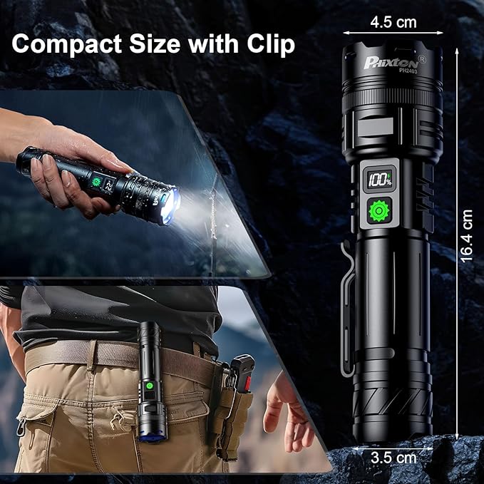 Rechargeable Flashlights 2000 High Lumens Single One Mode Super Bright, High Powered LED Flashlight USB C, High Beam 3280 ft Long Lasting Powerful Heavy Duty Strong Flash Light for Security Hiking