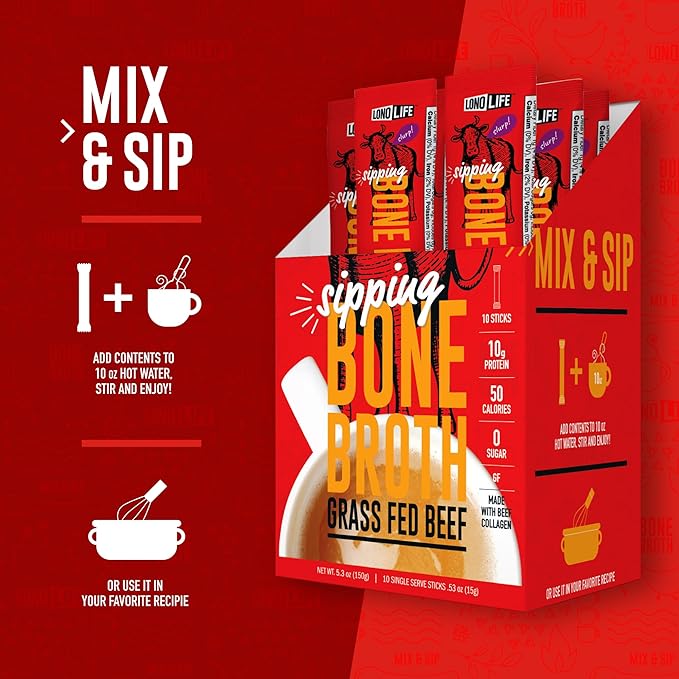 LonoLife Beef Bone Broth Powder Mix | Grass-Fed, 10g Protein | Collagen-Rich, Keto & Paleo Friendly | Natural Ingredients | 24 Portable Stick Pack Servings