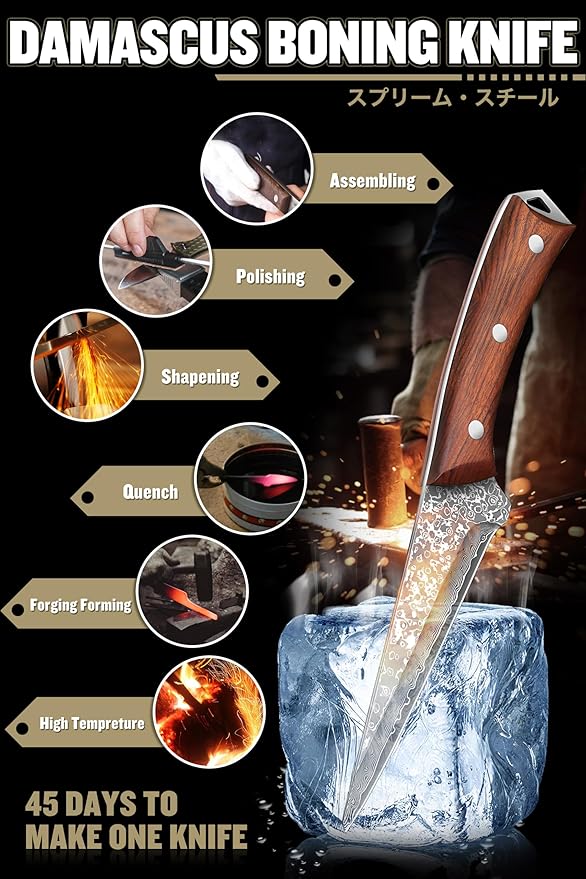 ROCOCO Boning Knife for Meat Cutting Deboning Slicing Trimming knife Fish Fillet Knife for Kitchen Camping BBQ Birthday Mothday's Day Gift 5.3"