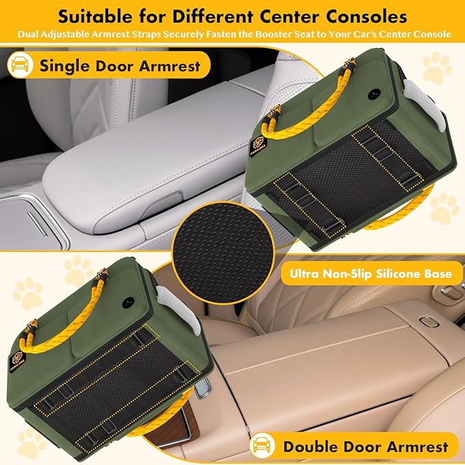 PAWZIDEA Center Console Dog Car Seat, Enclosed Secure Armrest Booster Seat for Small Dogs & Cats up 12lbs, Soft-Sided Travel Pet Carrier Safety Straps, Removable Pillow, Storage Pocket, Shoulder Strap