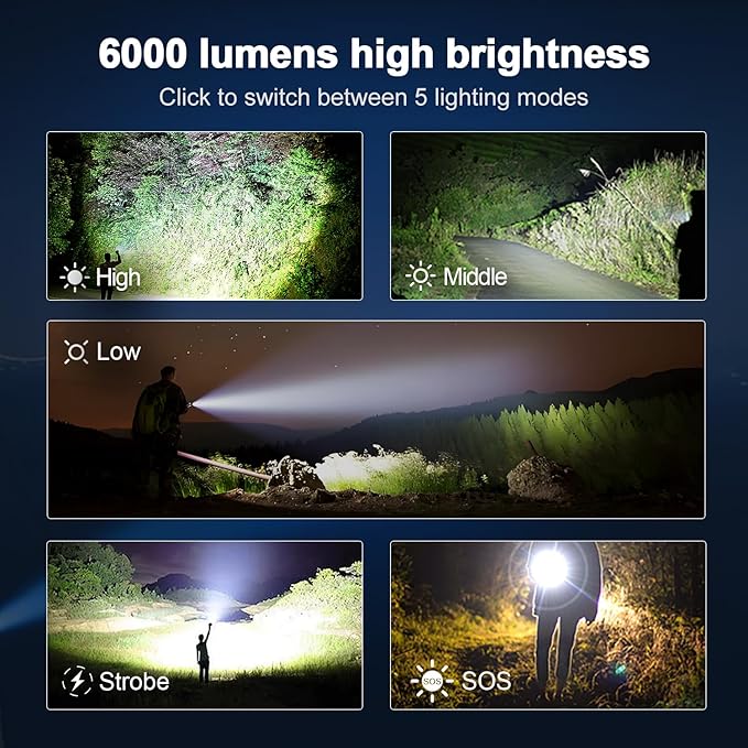 KZK Extremely Bright Rechargeable Flashlight, 9000 High Lumens LED Flashlights with Long Handle,Powerful Handheld Flashlight with 11 Light Modes & Waterproof & Zoomable for Home, Camping, Emergencies