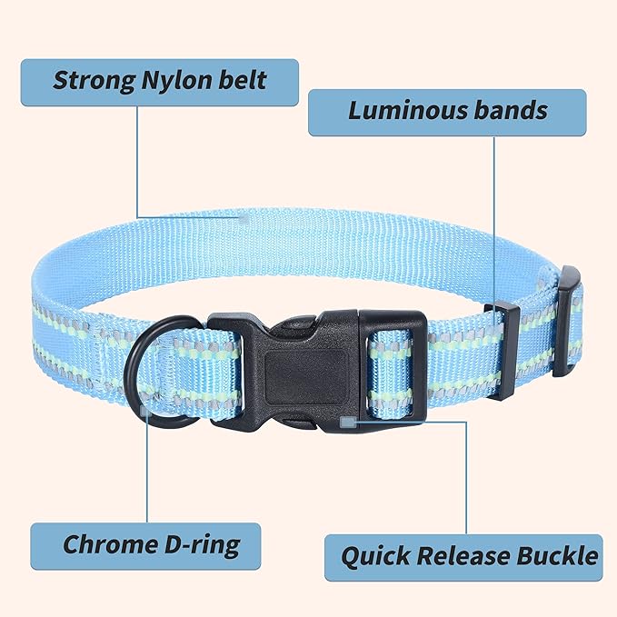 Mile High Life Reflective Dog Collar, Basic Dog Collars Adjustable Quick Release, Soft Nylon Pet Collar with Metal D-Ring for Small Medium Large Dogs (Blue, M Neck13-17")