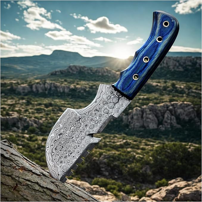 9.5" Handmade Damascus Knife with Leather Sheath | Ultimate Outdoor Ally | Damascus Steel Blade with Blue Micarta Handle | Blue Handle with Sheath Included | Unrivaled Camping Excellence