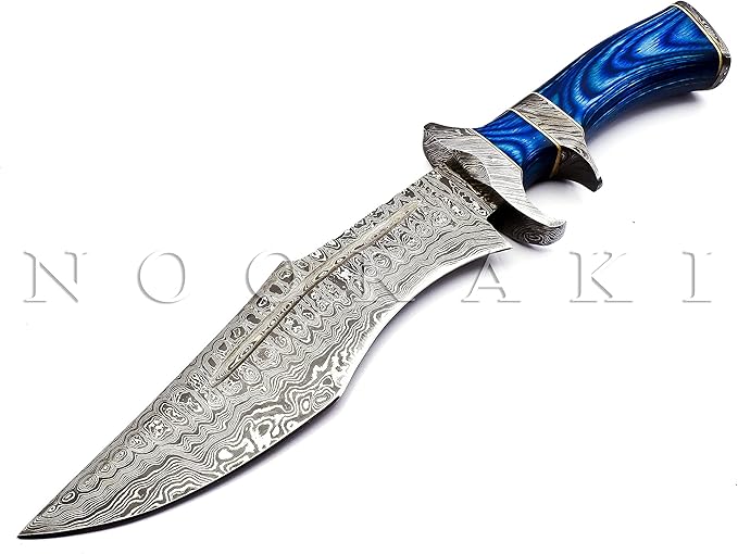 NOORAKI - 15??Damascus Bowie Knife with Sheath | Hand Made Hunting Knife - Fixed Blade Long Bowie Knives - Ideal for Survival ,Chopping, Camping, Outdoor Gift for Men |Tactical Knife Wood Handle (Blue)