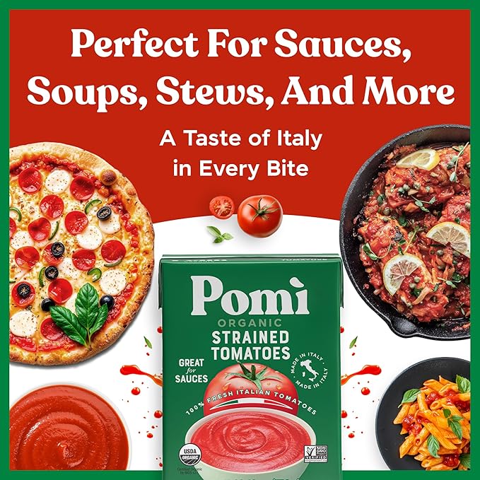Pomì Organic Strained Tomatoes 26.46oz (Pack of 12)- Creamy, Velvety Puree - 100% Fresh Italian Tomatoes, Made in Italy - No additives, Kosher, Non-GMO, BPA-Free Carton, USDA Certified Organic