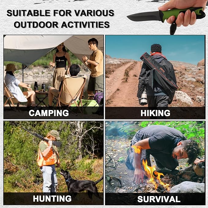 Fixed blade hunting knife-Stainless Steel Blade,Fixed blade knife with sheath, Fire Starter, Sharpener, Whistle and Compass,Survival Tactical Knife for Hunting,Fishing,Camping and Bushcraft