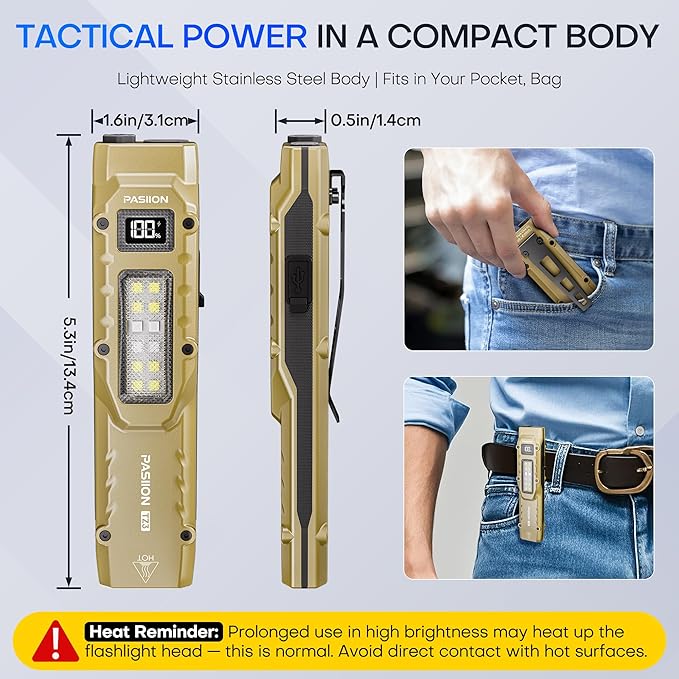 EDC Tactical Flashlight, Flat Flashlights Rechargeable,Dual-Switches LED Small Flashlight with Digital Display,Stainless Steel 8 Modes Pocket Flash Light for Home, Camping,and Emergency Use