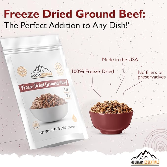 MOUNTAIN ESSENTIALS Freeze-Dried Ground Beef ??Pre-Cooked and Ready-to-Eat Hamburger Meat | Everyday Meal Prep, Emergency Food Supply, Camping and Survival Food | 10 Servings per Pouch | Made in USA | 7-Year Shelf Life | Pack of 1