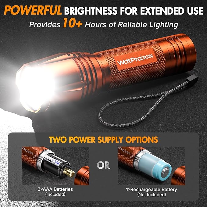 WdtPro LED Flashlight High Lumens SR2000 Pro, 2 Pack Brighter Tactical Flashlights with 5 Modes & Zoomable, Powerful Mini Flash Light for Emergency, Camping, Hiking (Orange)