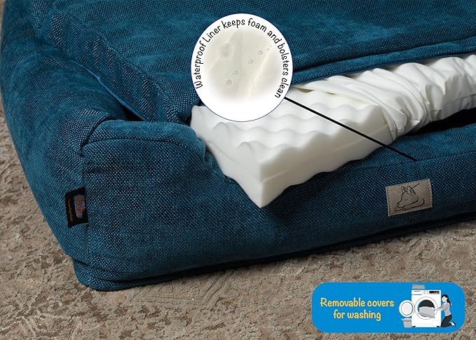 Furry's Paradise Foam Cuddler Waterproof Bolster Pet Bed with Reversible Cushion, Recycled Fibers and Non-Slip Bottom. (Deeper Waters, Orthopedic Large)