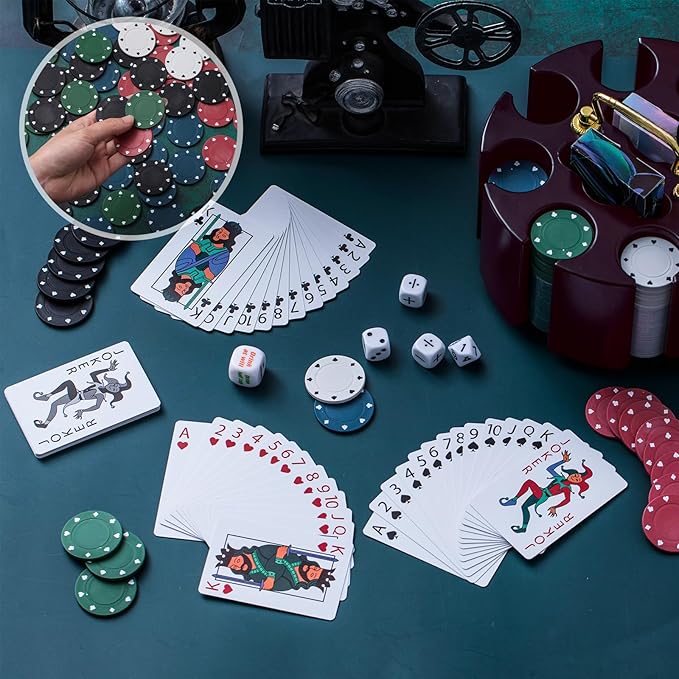 Wettarn Poker Chips Poker Set, 200 Count Rotating Chip Case Wood Carousel Case Holder with 200 Pcs Chips and 2 Decks of Playing Cards for Casino Party Supplies Family Game Accessory