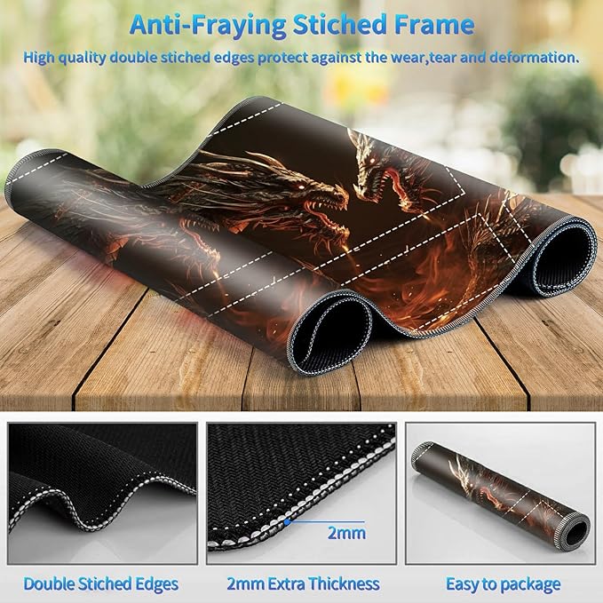 Playmat for MTG with Zones, 24 x 14 inches Game Play Mat for MTG TCG, Trading Card Game Play Mat Desk Mats with Stitched Edges Non-Slip Base, Two Dragon