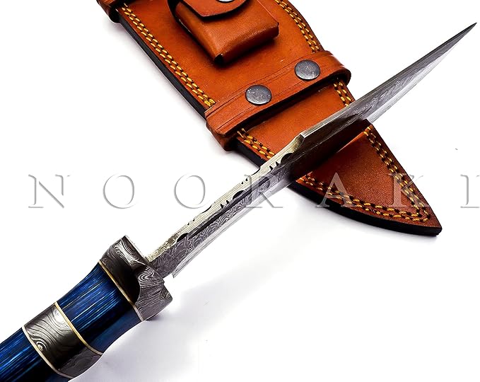 NOORAKI - 15??Damascus Bowie Knife with Sheath | Hand Made Hunting Knife - Fixed Blade Long Bowie Knives - Ideal for Survival ,Chopping, Camping, Outdoor Gift for Men |Tactical Knife Wood Handle (Blue)