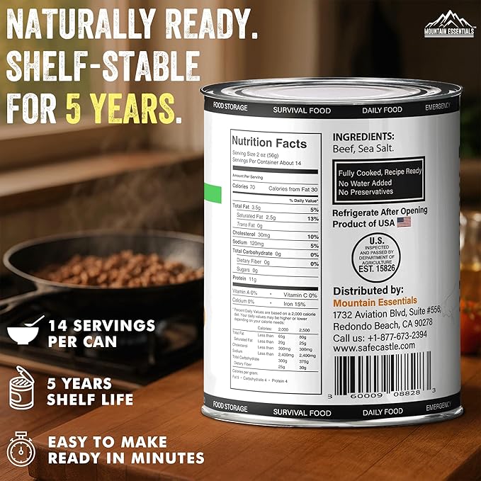 MOUNTAIN ESSENTIALS All Natural Canned Ground Beef 28 Oz – Fully Cooked, Ready to Eat Hamburger Meat – Pantry Staple for Everyday Meals, Emergency & Survival – 5-Year Shelf Life – Made in USA – 1 Pack