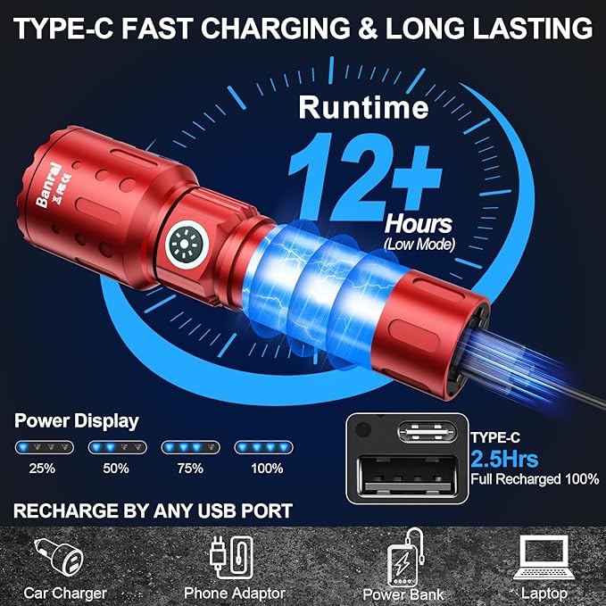 Flashlights High Lumens Rechargeable, Super Bright Long Range Small Powerful Flashlight, 6 Modes LED Tactical Pocket Waterproof Flash Light for Home Emergency (1, Red)