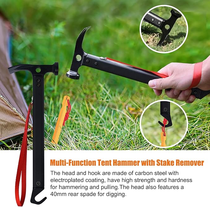 Eurmax USA Hiking Camping Tent Stakes and Hammer Set Lightweight Multi-Function Tent Hammer with Tent Stake Remover,Tent Pegs for Camping, Hiking, Backpacking, Gardening(Gold Stakes)
