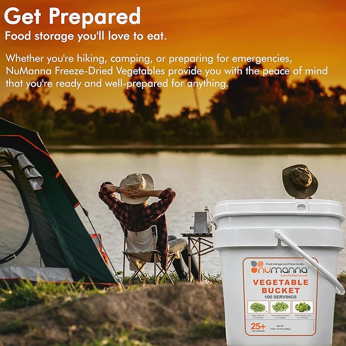Numanna Dozen Emergency Freeze-Dried 12 Vegetables Buckets 1200 Servings Contains Peas, Green Beans & Broccoli | Non-GMO, No Preservatives, No MSG Camping & Emergency Survival Food 25 Years Shelf Life