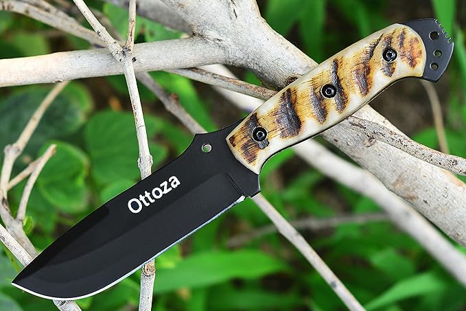 Ottoza Fixed Blade Hunting Knife with Leather Sheath and Horizontal Carry - Full Tang Outdoor Survival and Camping Knife for Men - Ram Horn Handle 353