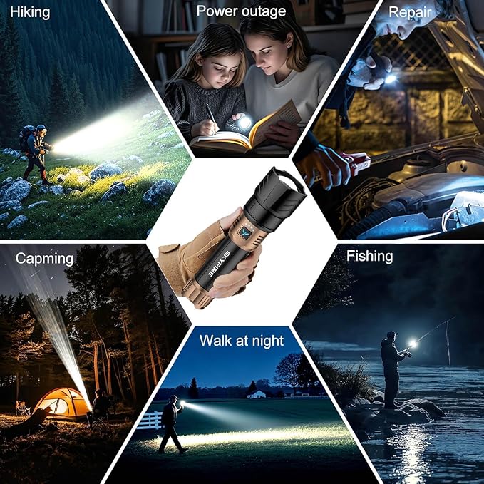 SKYFIRE LED Flashlights High Lumens with Ignition Lens,2000lm Super Bright Rechargeable Flashlight,Zoomable,Four Modes,Waterproof Tactical Flash Light for Camping Essentials,Outdoor,Home&Gifts