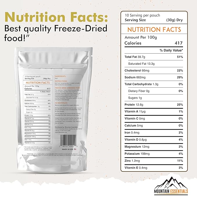 MOUNTAIN ESSENTIALS Freeze-Dried Shredded Pork ??Fully Cooked, Ready-to-Eat Meat | 10 Servings per Pouch | 7-Year Shelf Life | Ideal for Daily Meals, Camping, Emergency Preparedness & Survival | Made in USA | Pack of 1