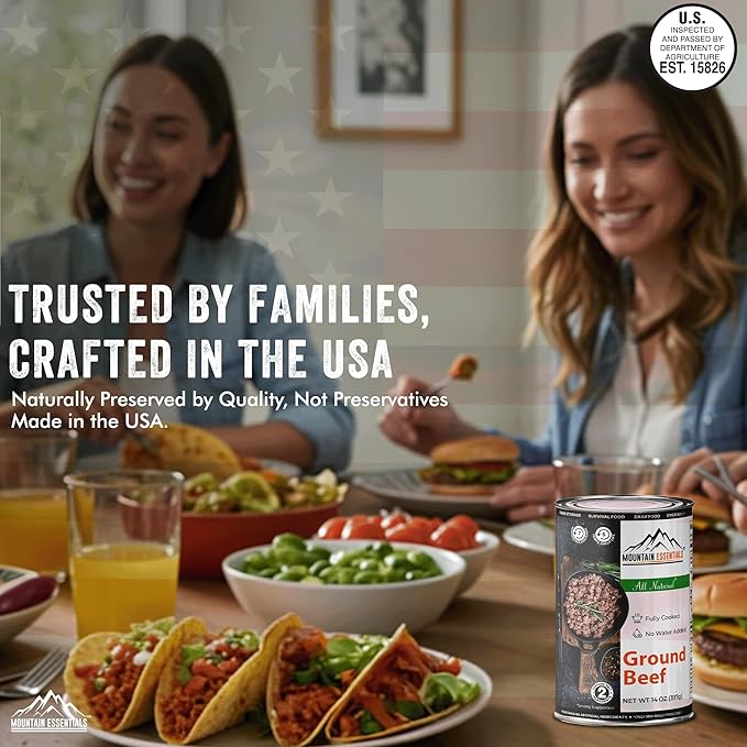 MOUNTAIN ESSENTIALS Ground Beef 14 Oz Fully Cooked Ready to Eat Hamburger Meat Emergency Survival Bulk Food Storage Canned Meat Perfect for Quick Meals 5 Years Shelf Life Made in USA Pack of 6
