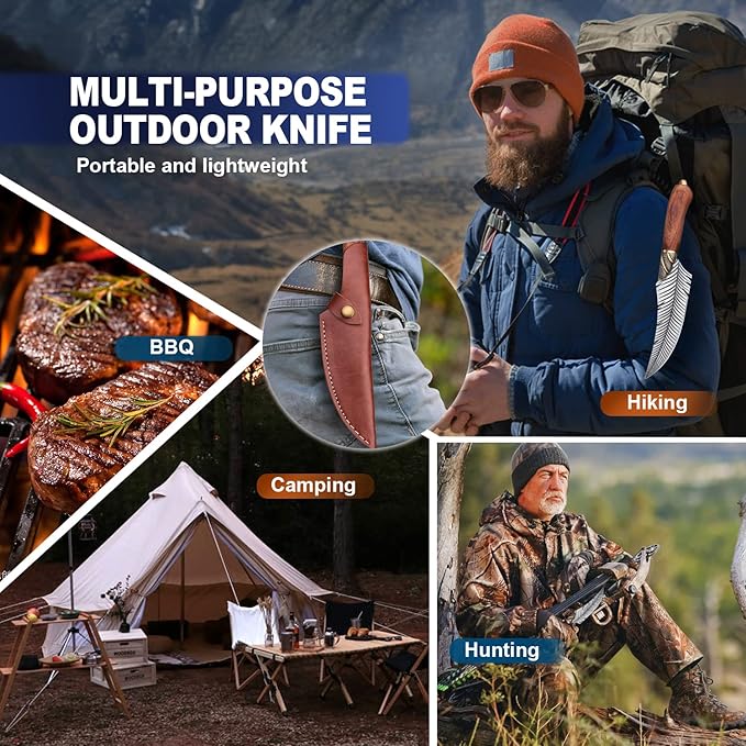 ROCOCO Feather Viking Boning Knife Japanese Forged in Fire Fancy Handmade Butcher Cleaver with Sheath Kitchen Outdoor Camping BBQ Collection Birthday Father Mother Christmas Day Gift 5.9"