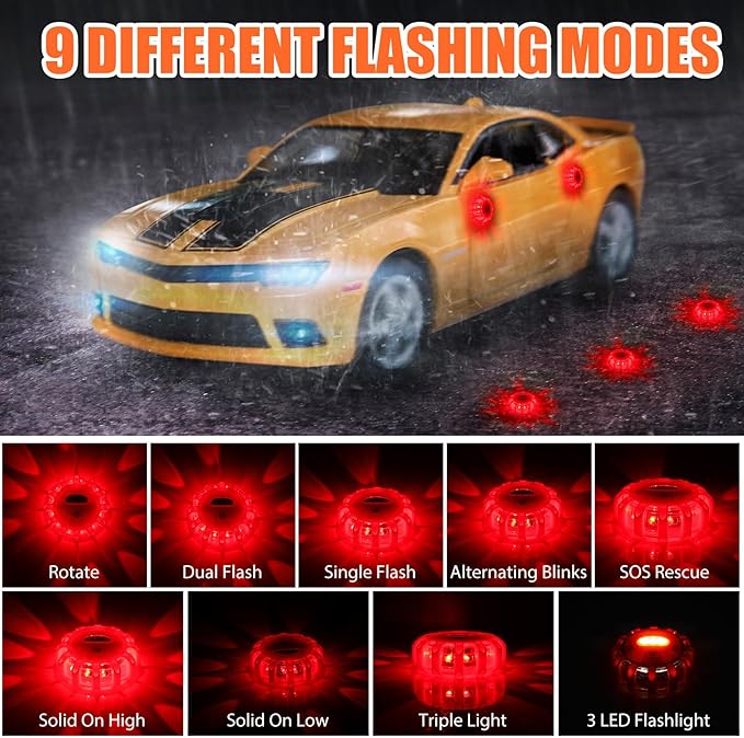 Tallew 16 Pack LED Road Emergency Roadside Lights Flashing Safety Warning Kit Beacon Magnet Hook Vehicle Boat Truck Disc Magnetic Flash Cars Security Driveway Automotive Strobe
