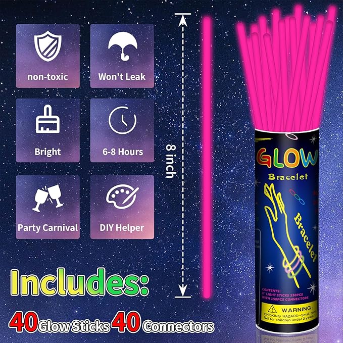 40 Pack 8??Pink Glow Sticks Bracelet Necklaces Bulk with 40 Connectors Neon Glow In The Dark Party favors Supplies for Holiday Birthday Party Decoration (Pink)