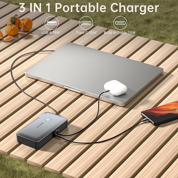 GUSGU X3 10,000mAh Power Bank with Foldable Plug, Built-in Type-C Cable & USB-C/USB-A Ports, 35W PD Max Fast Charger for MacBook Air/Pro, iPhone 16/15, Galaxy S23, Compact and Travel-Friendly