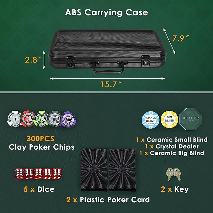 ORIENGEAR Poker Chip Set with Denominations, 300 PCS 14 Gram Clay Composite Casino Chips with ABS Case & 2 Decks of Plastic Cards, for Texas Holdem Blackjack Gambling Games