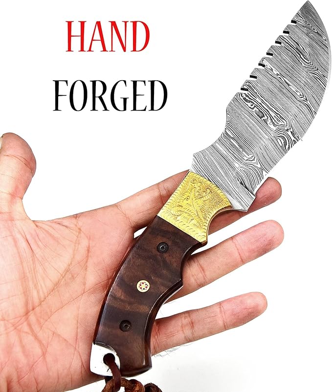 Dessi Tracker Knife: Hand-Forged Damascus Steel Blade - Perfect for Hunting, Camping, Tactical & Survival Use - With Horizontal Carry-Back Leather Sheath for Men SM71