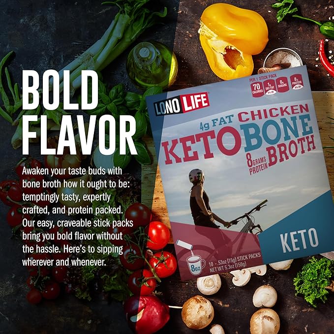 LonoLife Keto Chicken Bone Broth Powder Mix | 10g Protein | Collagen-Rich, Keto & Paleo Friendly | Natural Ingredients | 8oz Bulk Container (15 Servings)
