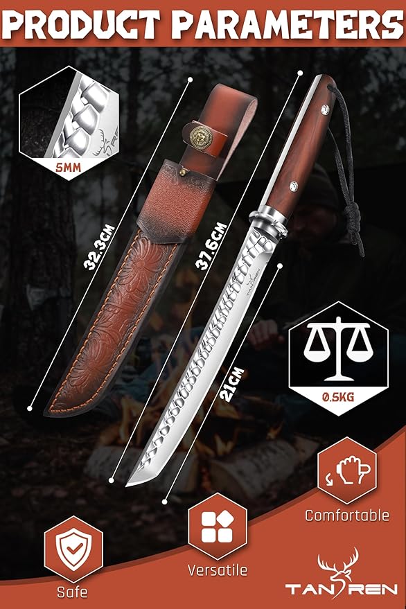 TAN REN Hunting Knife with Sheath, 8.3 Inch Fixed Blade Survival Outdoor Knife with Wooden Handle for Camping, Bushcraft, Father's Day Gift