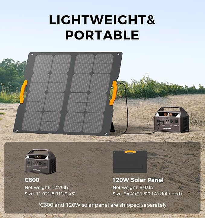 C600 Solar Generator with 120W Solar Panel - 600W Portable Power Station(Surge 1200W) AC Output, 595Wh LiFePO4 Battery, for Camping, Travel, RV, Emergency Power Backup(Brown)