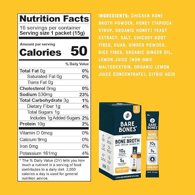 Bare Bones Bone Broth Instant Powdered Mix, Lemon Ginger, Pack of 8, 15g Sticks, 10g Protein, Keto & Paleo Friendly Bone Broth Packets
