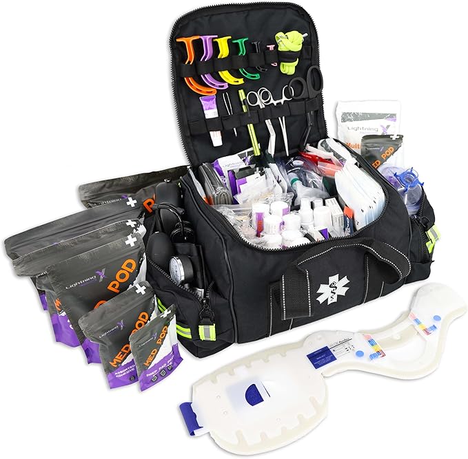 Lightning X MB30-SKC Large EMT Trauma Kit | Fully Stocked First Responder Bag w/ 240+ Supplies | EMS Fire Police Office Sports Team Emergency Medical Kit - Black