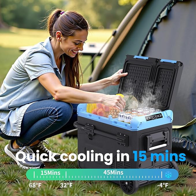 45L Dual Zone Car Refrigerator Freezer, -4℉~68℉, 48Qt Compressor Cooler with Reversible Door, Metal Handle, Dual Battery Slot, 100–240V AC / 12V / 24V DC Powered, LED Light – Ice Blue