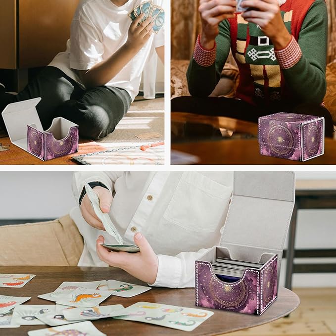 Card Game Storage Box TCG Deck Box MTG Card Box Organizer Trading Card Case Commander Deck Box TCG Card Storage Box Magnetic Closure Creative Pattern Up to 200 Cards, Purple Constellation Compass