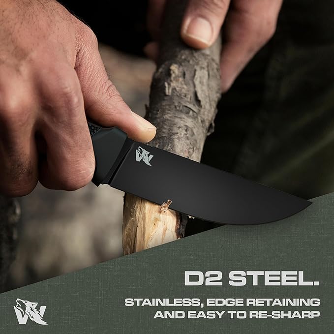 W-FLAT Full Tang Survival Knife with Sheath - Stylish Tactical Fixed Blade - Made of D2 Steel - Bushcraft and Camping Knife Survival - Perfect EDC Hunting Knife with TPE Handle