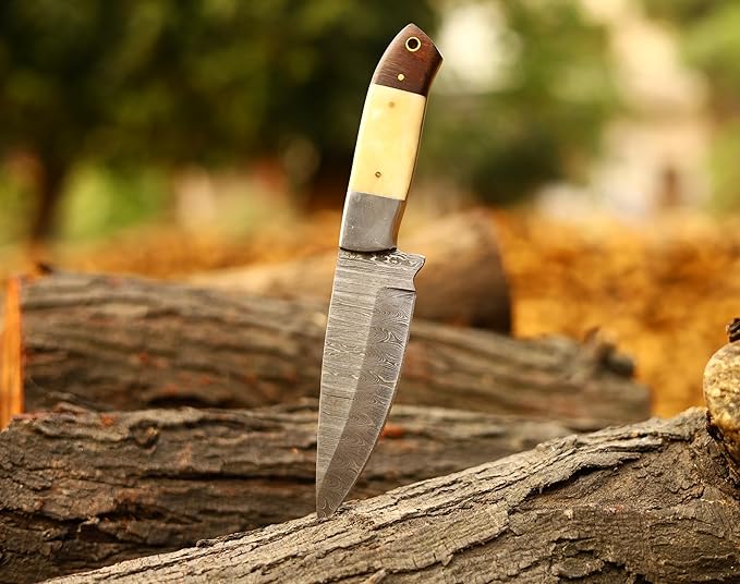 Fixed Blade Hunting Knife With Camel Bone Handle, Damascus Steel Sharp Blade, Full Tang - Leather Sheath for Outdoor Camping, Skinning, Hiking, Fishing, Bushcraft Survival (Bone Handle)