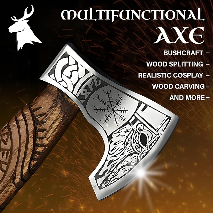 Viking Axe Forged High Carbon Steel Viking Axe | Balanced Ax | Odin Norse Bearded Axe | Camping Hatchet Axe | Sheath Included Handcrafted Ash Wood Shaft | Viking Gifts for Men