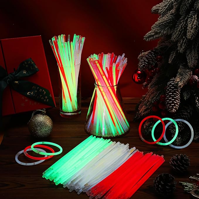 Hanaive 300 Pcs Glow Sticks Bulk 8 Inch Glow in The Dark Party Favors Neon Bracelets and Necklaces Light up Sticks with Connectors for Holiday Birthday Party Supplies(Red, Green, White)