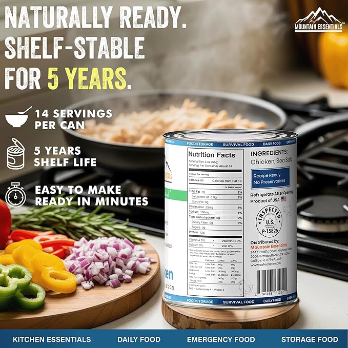 MOUNTAIN ESSENTIALS Fully Cooked Canned Chicken 28 Oz – White Meat for Daily Meals, Camping & Emergency Food – Great for Snack, Lunch, Dinner Recipes – 5-Year Shelf Life – Made in USA – Pack of 12