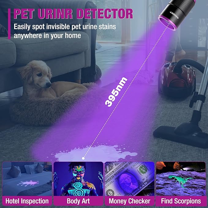 EverBrite Rechargeable Pen Flashlight with UV Light and White Light, 395nm Black Flashlight with Clip, Zoomable 4 Modes with Memory Function, USB C Cable, for Camping, Emergency, Pet Urine Detection