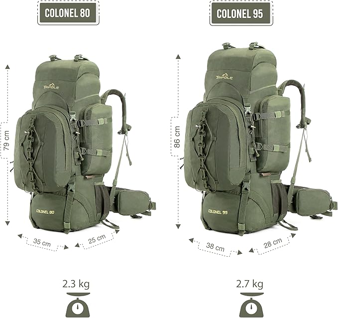 Tripole Colonel 95 Litres Internal Frame Rucksack + Detachable Day Pack, Rain Cover, Army Green