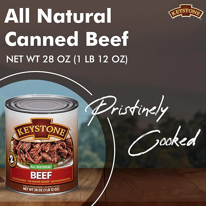 Keystone Meats All Natural Heat and Serve Canned Beef 28 oz – Fully Cooked Canned Meat – Ready to Eat – 5-Year Shelf Life – Pantry Staple for Everyday Meals, Emergency Survival Food – Made in USA – Pack of 6