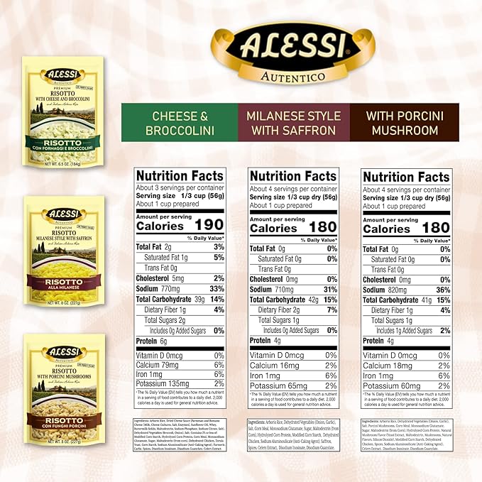 Alessi Autentico, Premium Seasoned Risotto, Italian Arborio Rice, Easy to Prepare, 8oz (Variety Pack, Pack of 3)