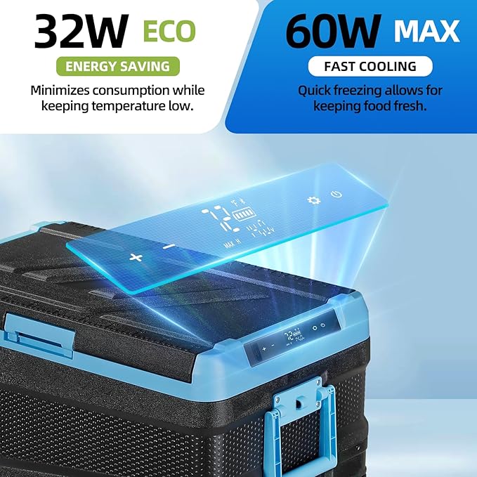 45L Car Refrigerator Freezer, -4℉~68℉ 48QT Single Zone Portable Compressor Cooler with Reversible Door, Battery Slot, All-Terrain Wheels, 100–240V AC / 12V / 24V DC Powered, LED Light – Ice Blue