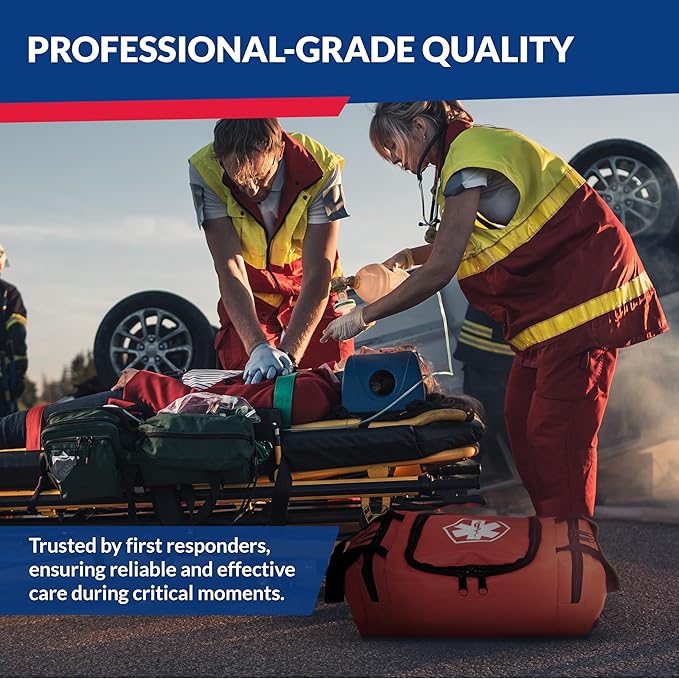 Fully Stocked Trauma First Aid Kit ??First Responder II Bag with Tools, Gauze, Bandages, Scissors & Gloves ??Compact & Portable ??OSHA and ANSI Compliant ??Orange
