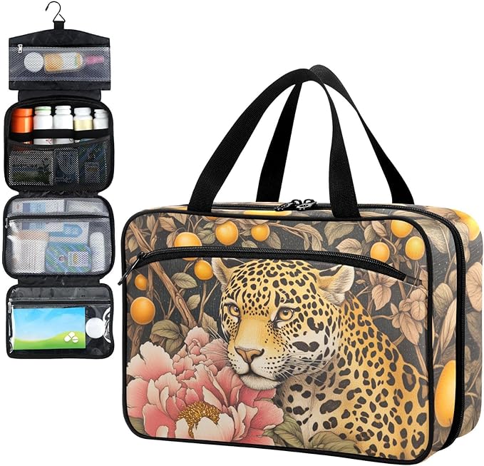 Fustylead Drawing Of Jaguar Animal in Peony Forest Travel Medicine Organizer Bag Home Storage First Aid Kit Large Pill Case with Zipper for Pill Bottle, Vitamins, and Medical Supplies